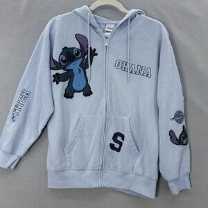 STITCH Disney Ohana Lilo & Stitch‎ Light BLUE Hoodie Zip Jacket SZ Medium Casual